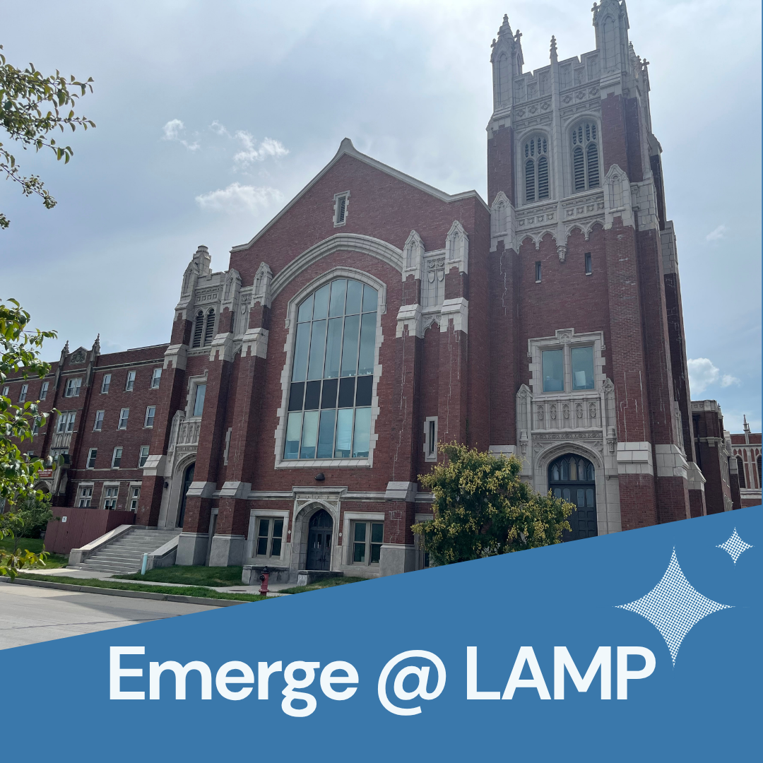 Large church building in the background with the text "Emerge at LAMP" in the foreground.